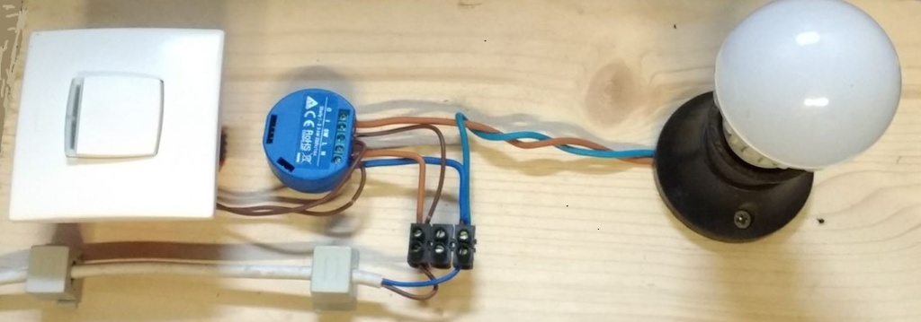 Circuit de test pour Shelly1 avec bouton poussoir, une lampe et un Shelly1